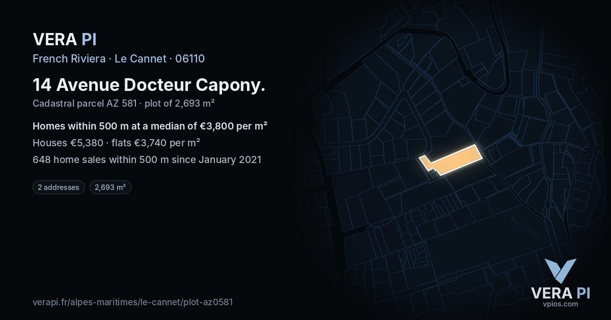 14 Avenue Docteur Capony, Le Cannet at night – the plot lit, the parcels around coloured by the prices near them