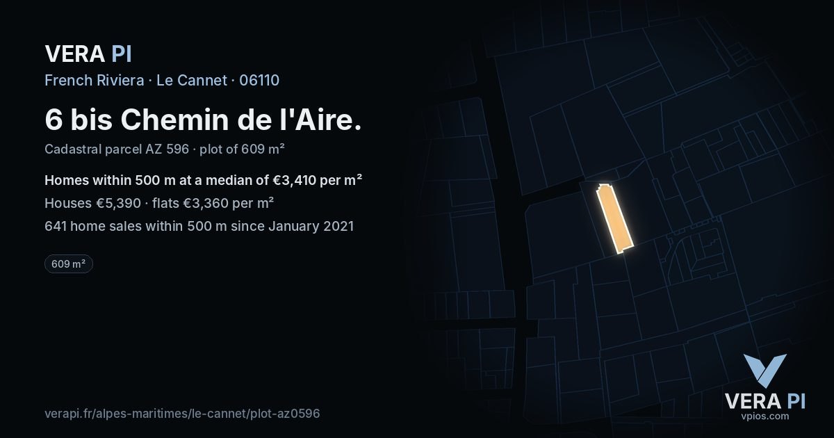 6 bis Chemin de l'Aire, Le Cannet at night – the plot lit, the parcels around coloured by the prices near them