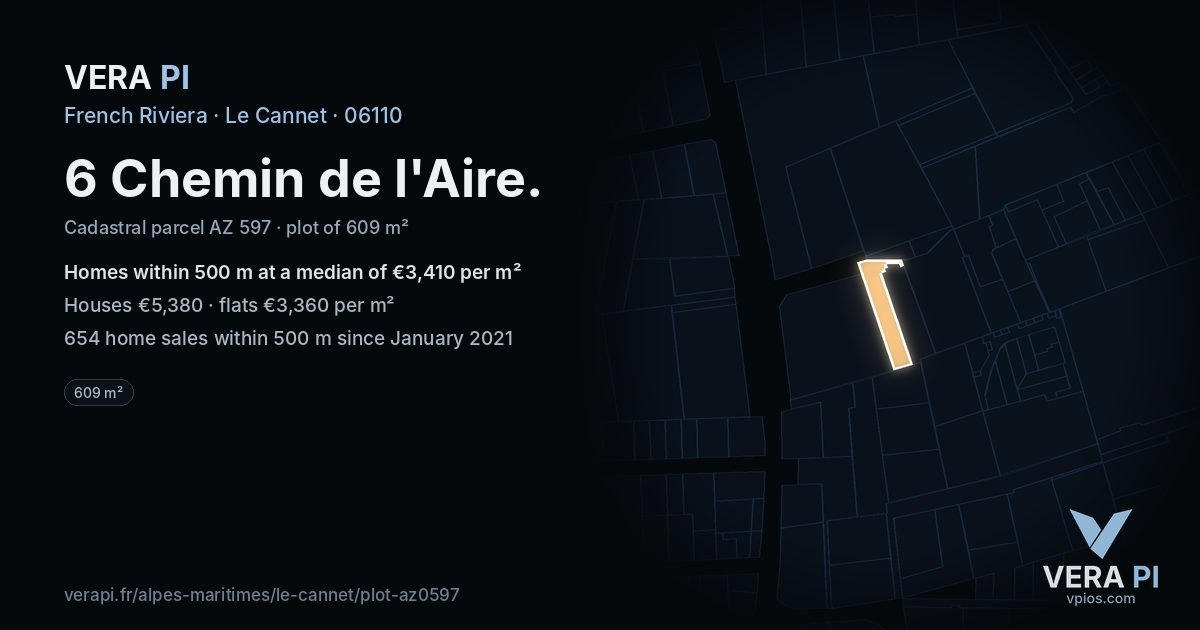 6 Chemin de l'Aire, Le Cannet at night – the plot lit, the parcels around coloured by the prices near them