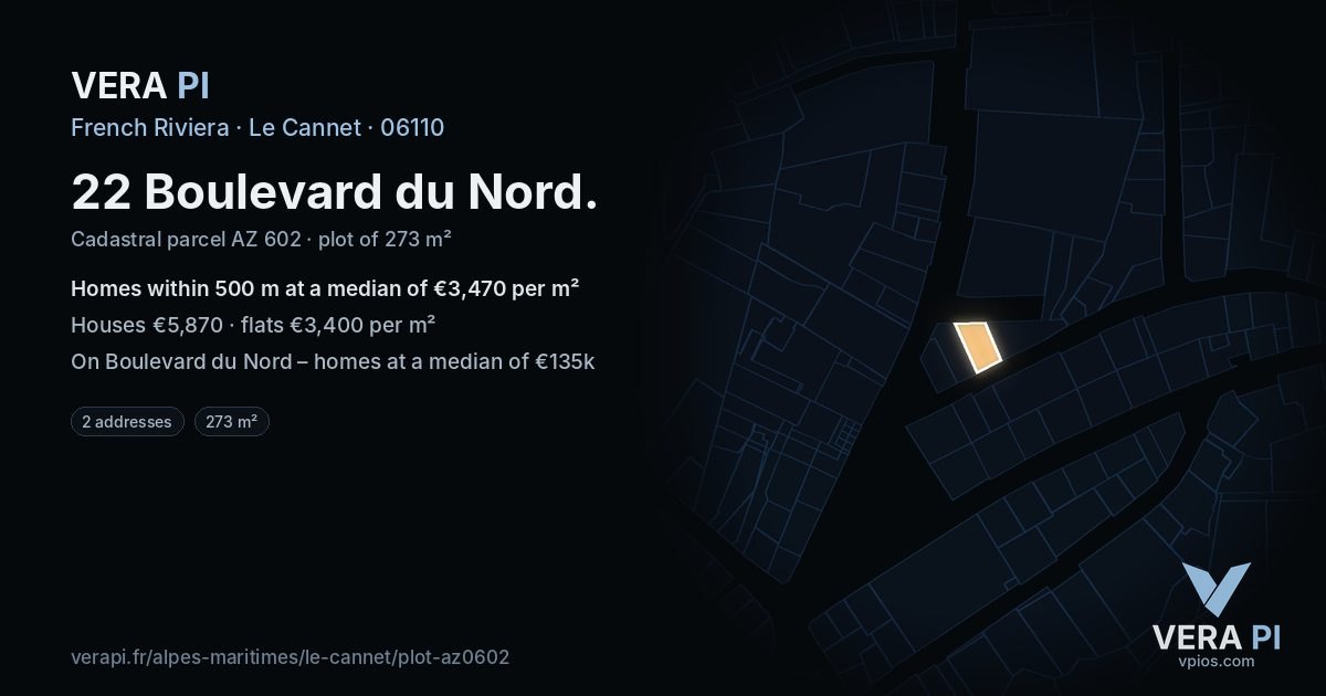 22 Boulevard du Nord, Le Cannet at night – the plot lit, the parcels around coloured by the prices near them