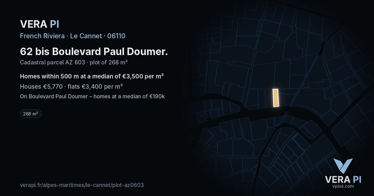 62 bis Boulevard Paul Doumer, Le Cannet at night – the plot lit, the parcels around coloured by the prices near them