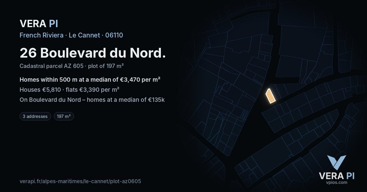 26 Boulevard du Nord, Le Cannet at night – the plot lit, the parcels around coloured by the prices near them