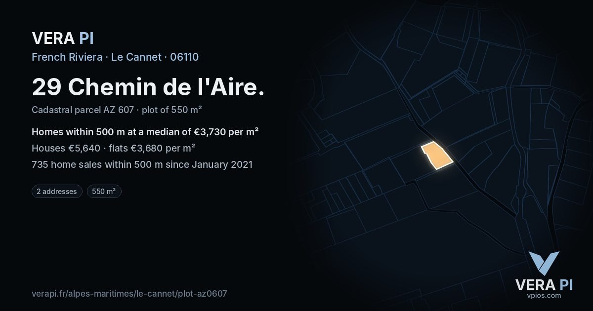 29 Chemin de l'Aire, Le Cannet at night – the plot lit, the parcels around coloured by the prices near them