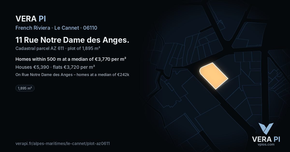 11 Rue Notre Dame des Anges, Le Cannet at night – the plot lit, the parcels around coloured by the prices near them