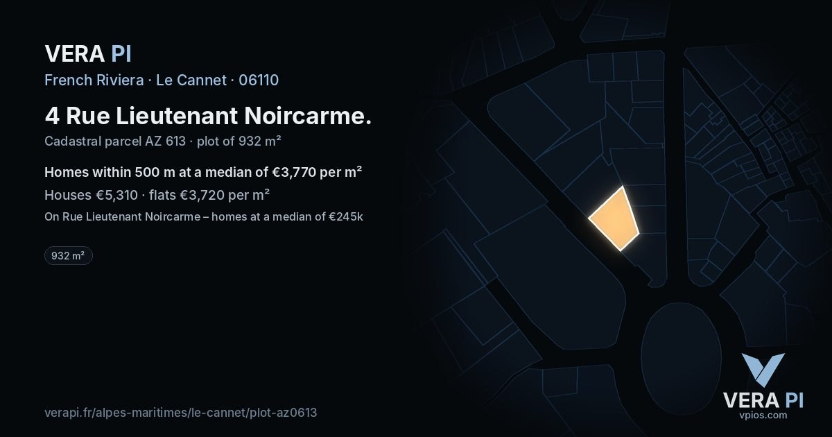 4 Rue Lieutenant Noircarme, Le Cannet at night – the plot lit, the parcels around coloured by the prices near them
