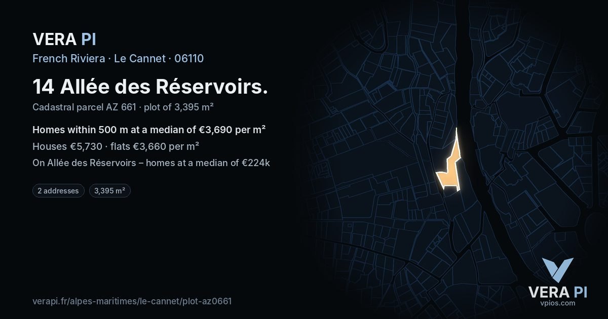14 Allée des Réservoirs, Le Cannet at night – the plot lit, the parcels around coloured by the prices near them