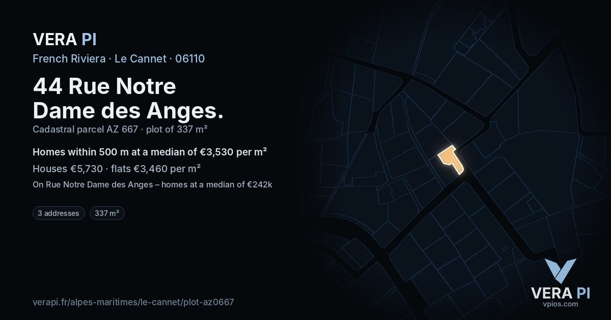 44 Rue Notre Dame des Anges, Le Cannet at night – the plot lit, the parcels around coloured by the prices near them