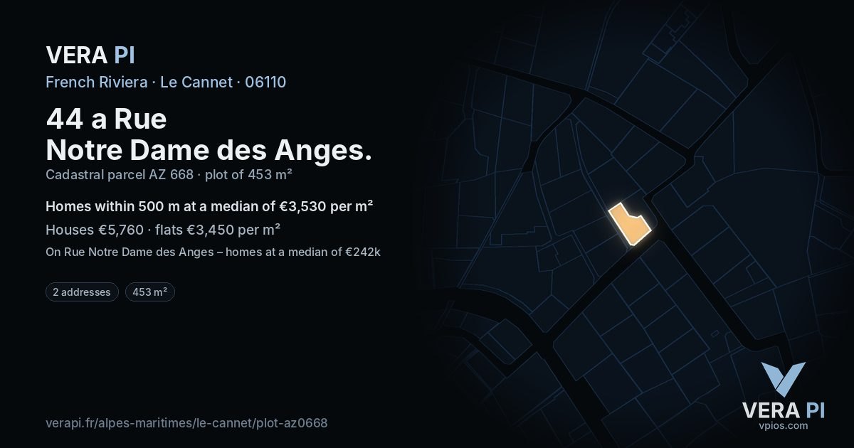 44 a Rue Notre Dame des Anges, Le Cannet at night – the plot lit, the parcels around coloured by the prices near them