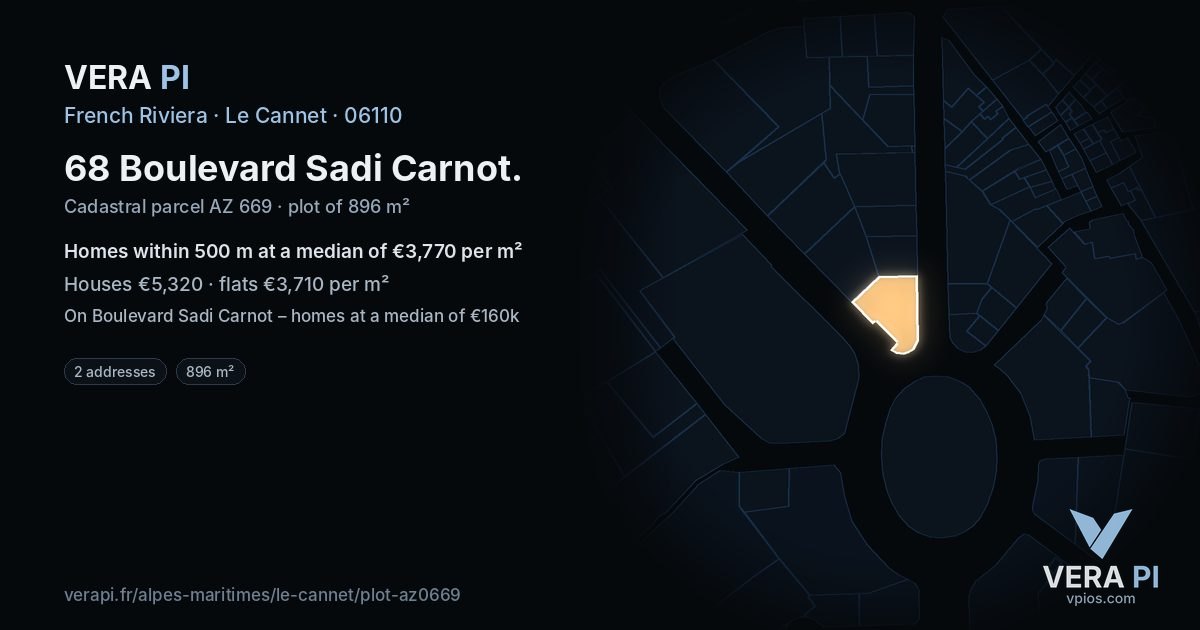 68 Boulevard Sadi Carnot, Le Cannet at night – the plot lit, the parcels around coloured by the prices near them