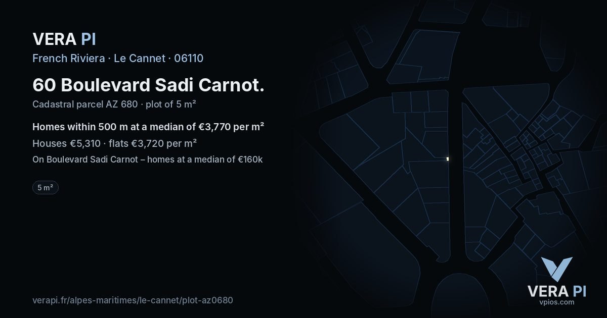 60 Boulevard Sadi Carnot, Le Cannet at night – the plot lit, the parcels around coloured by the prices near them