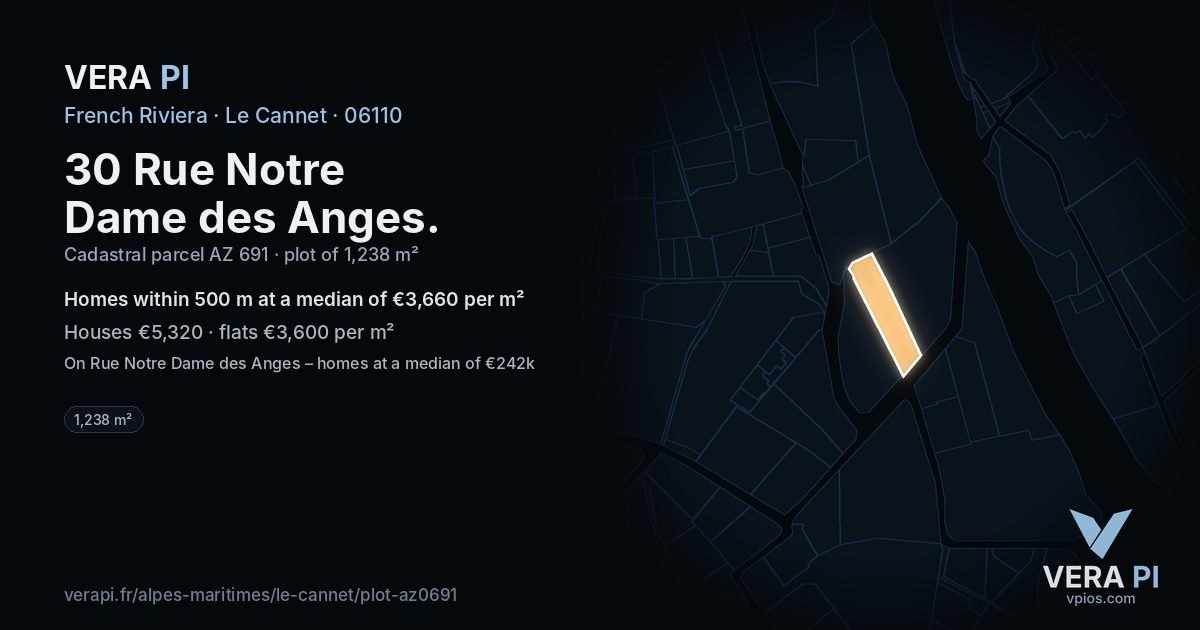 30 Rue Notre Dame des Anges, Le Cannet at night – the plot lit, the parcels around coloured by the prices near them