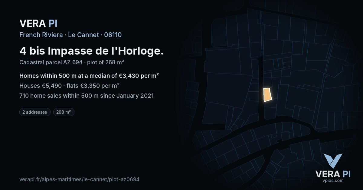 4 bis Impasse de l'Horloge, Le Cannet at night – the plot lit, the parcels around coloured by the prices near them