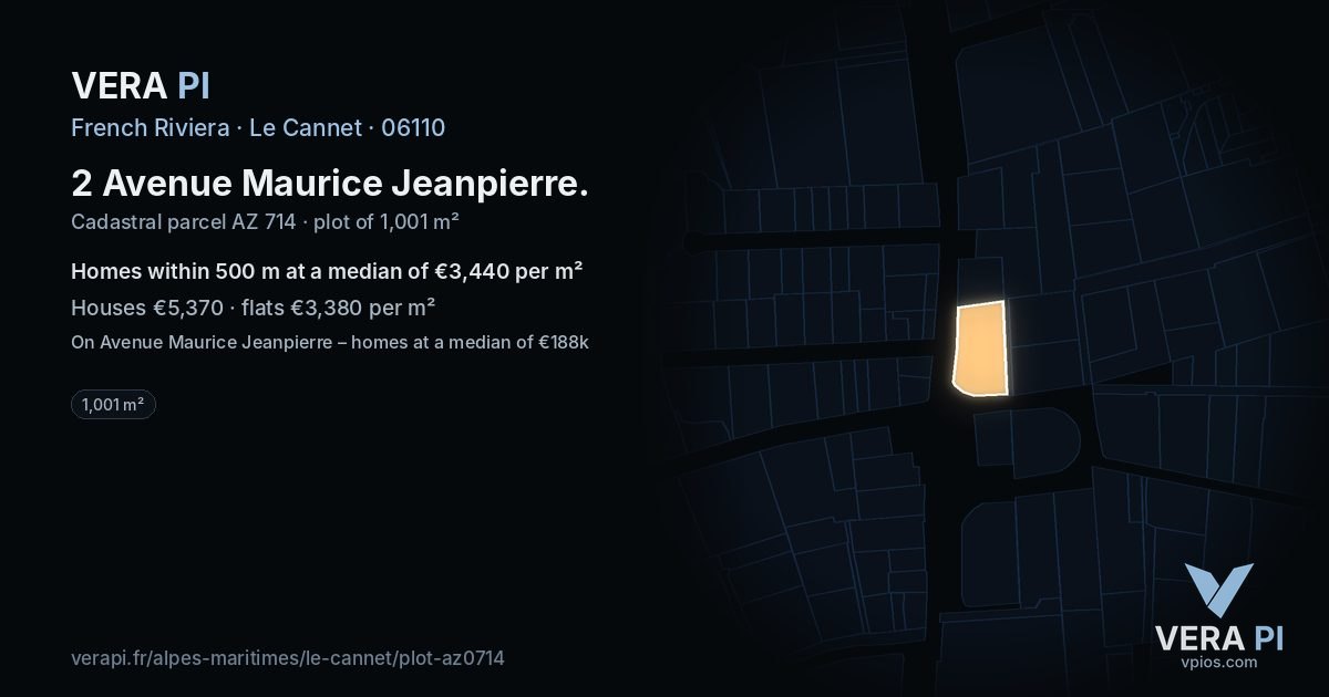 2 Avenue Maurice Jeanpierre, Le Cannet at night – the plot lit, the parcels around coloured by the prices near them