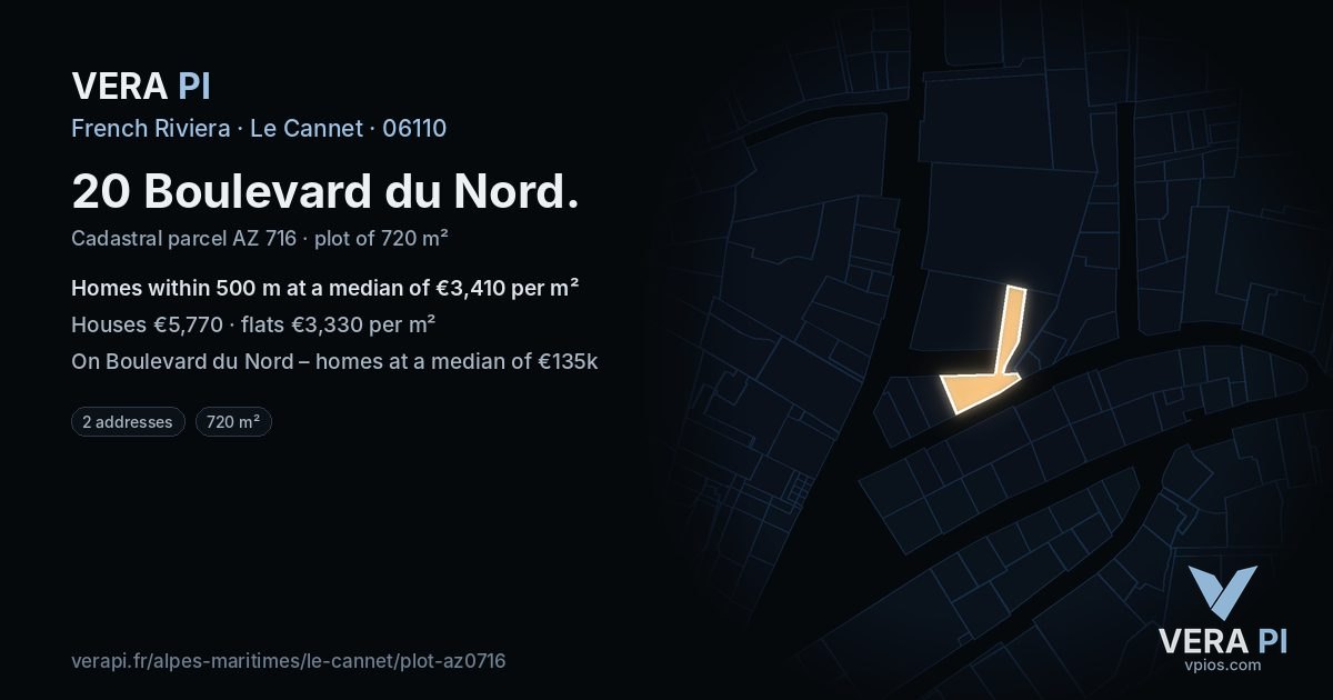20 Boulevard du Nord, Le Cannet at night – the plot lit, the parcels around coloured by the prices near them