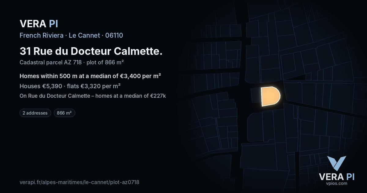 31 Rue du Docteur Calmette, Le Cannet at night – the plot lit, the parcels around coloured by the prices near them