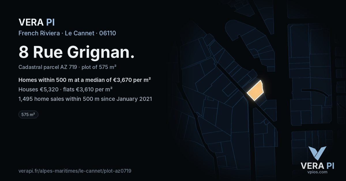 8 Rue Grignan, Le Cannet at night – the plot lit, the parcels around coloured by the prices near them