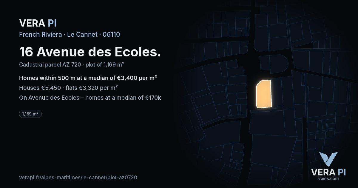 16 Avenue des Ecoles, Le Cannet at night – the plot lit, the parcels around coloured by the prices near them