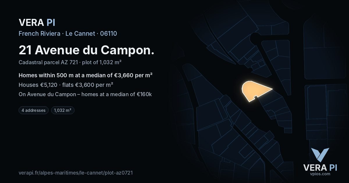 21 Avenue du Campon, Le Cannet at night – the plot lit, the parcels around coloured by the prices near them