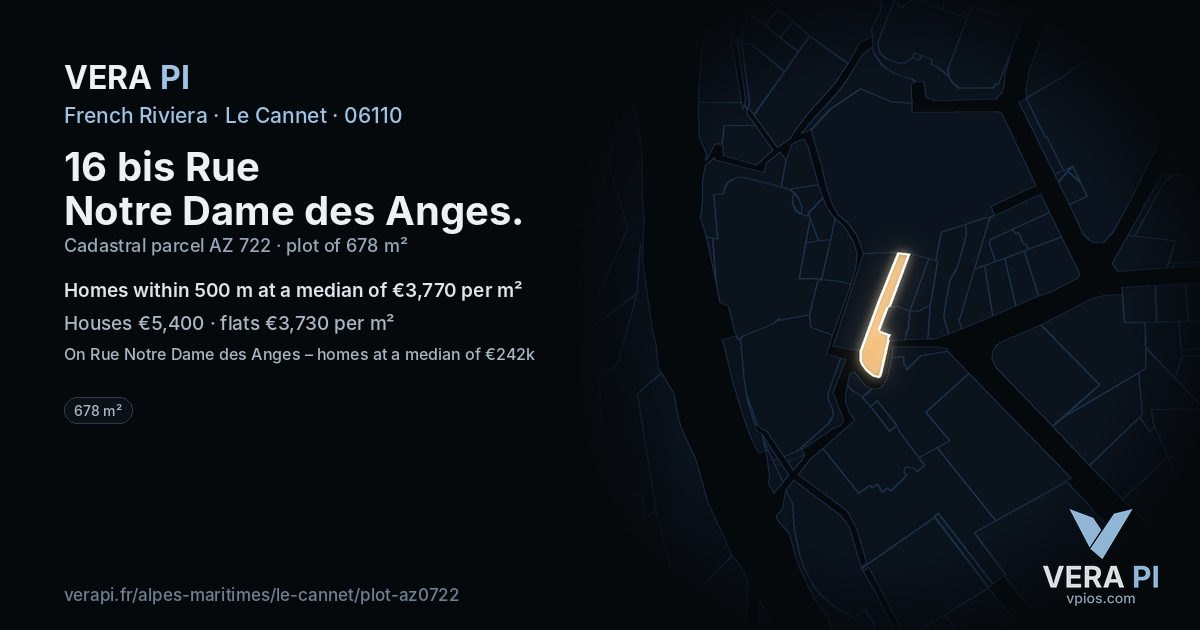 16 bis Rue Notre Dame des Anges, Le Cannet at night – the plot lit, the parcels around coloured by the prices near them
