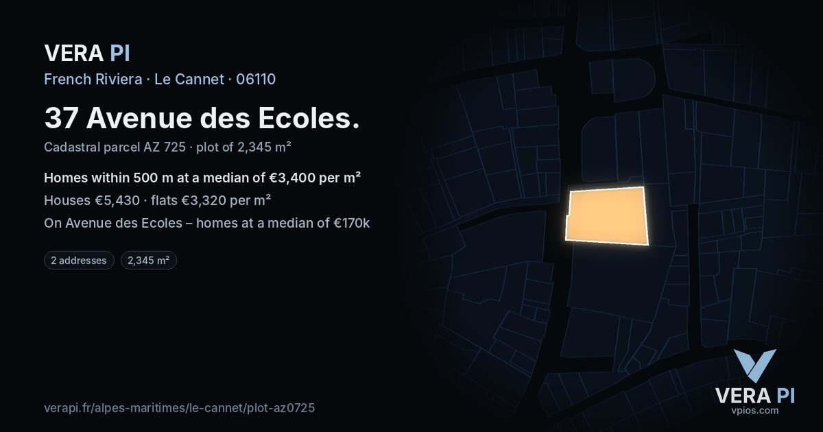 37 Avenue des Ecoles, Le Cannet at night – the plot lit, the parcels around coloured by the prices near them