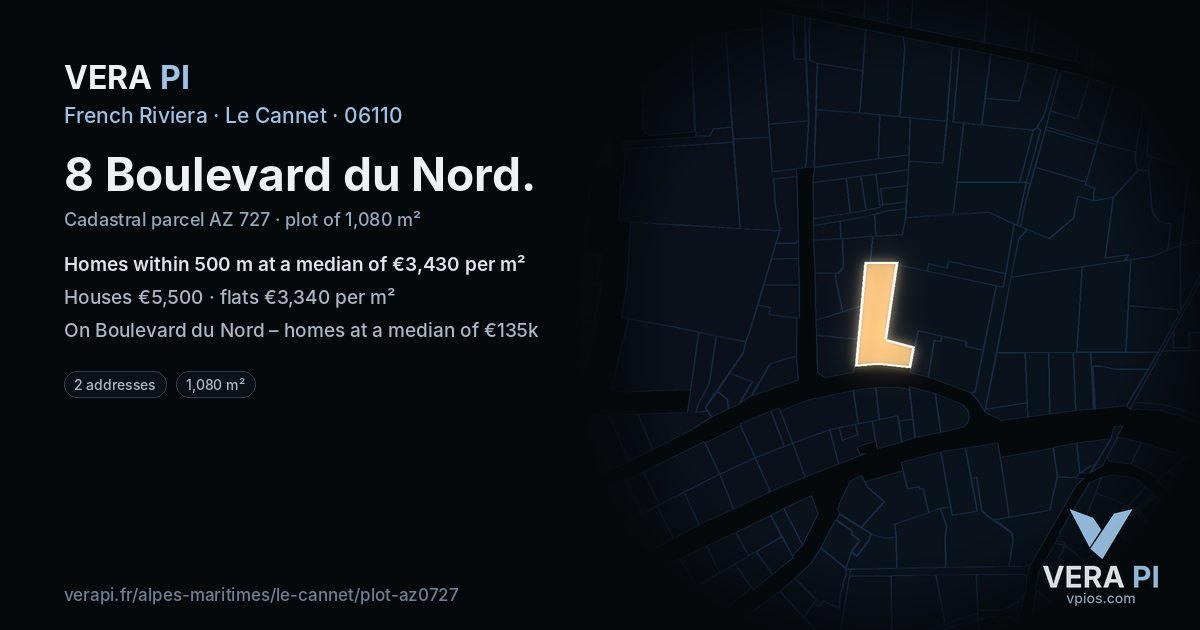 8 Boulevard du Nord, Le Cannet at night – the plot lit, the parcels around coloured by the prices near them