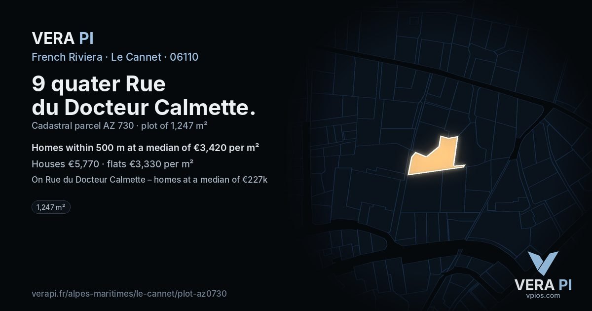9 quater Rue du Docteur Calmette, Le Cannet at night – the plot lit, the parcels around coloured by the prices near them