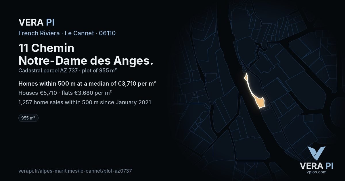 11 Chemin Notre-Dame des Anges, Le Cannet at night – the plot lit, the parcels around coloured by the prices near them