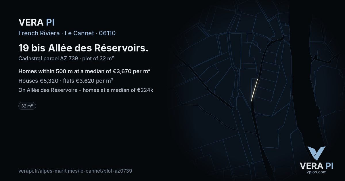 19 bis Allée des Réservoirs, Le Cannet at night – the plot lit, the parcels around coloured by the prices near them