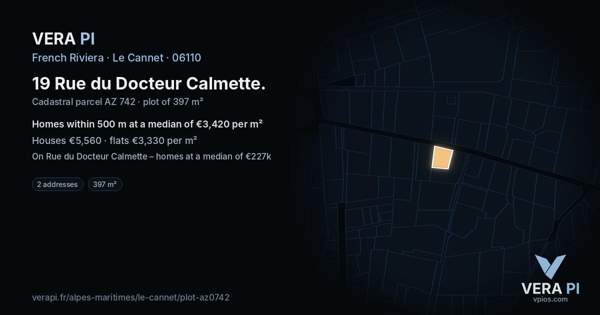 19 Rue du Docteur Calmette, Le Cannet at night – the plot lit, the parcels around coloured by the prices near them