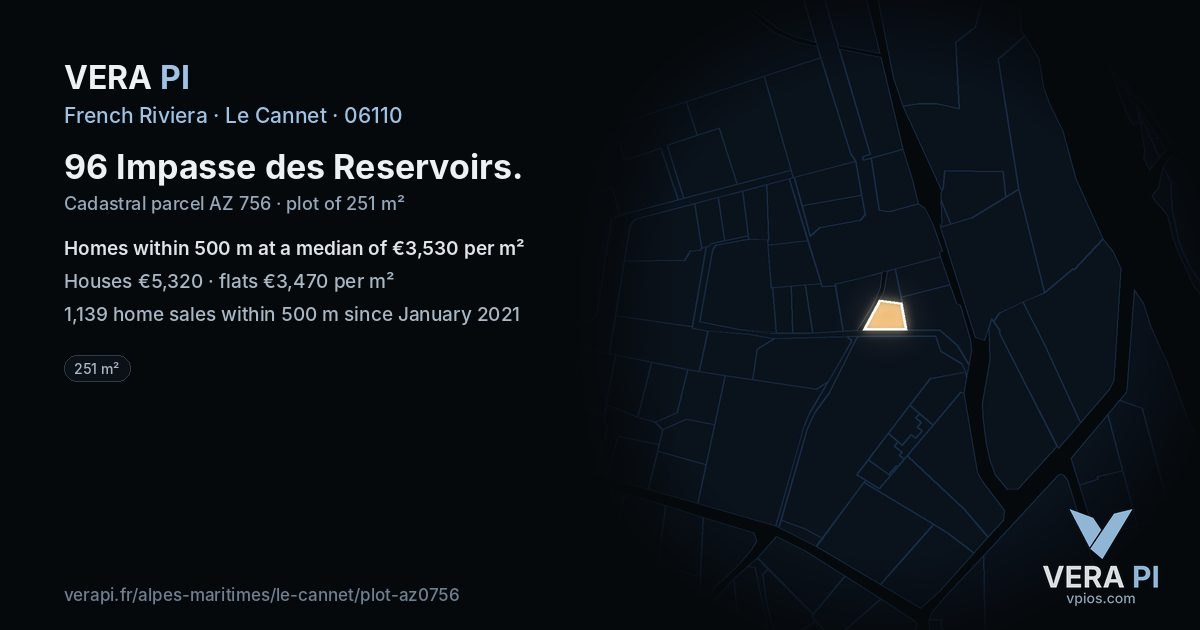 96 Impasse des Reservoirs, Le Cannet at night – the plot lit, the parcels around coloured by the prices near them