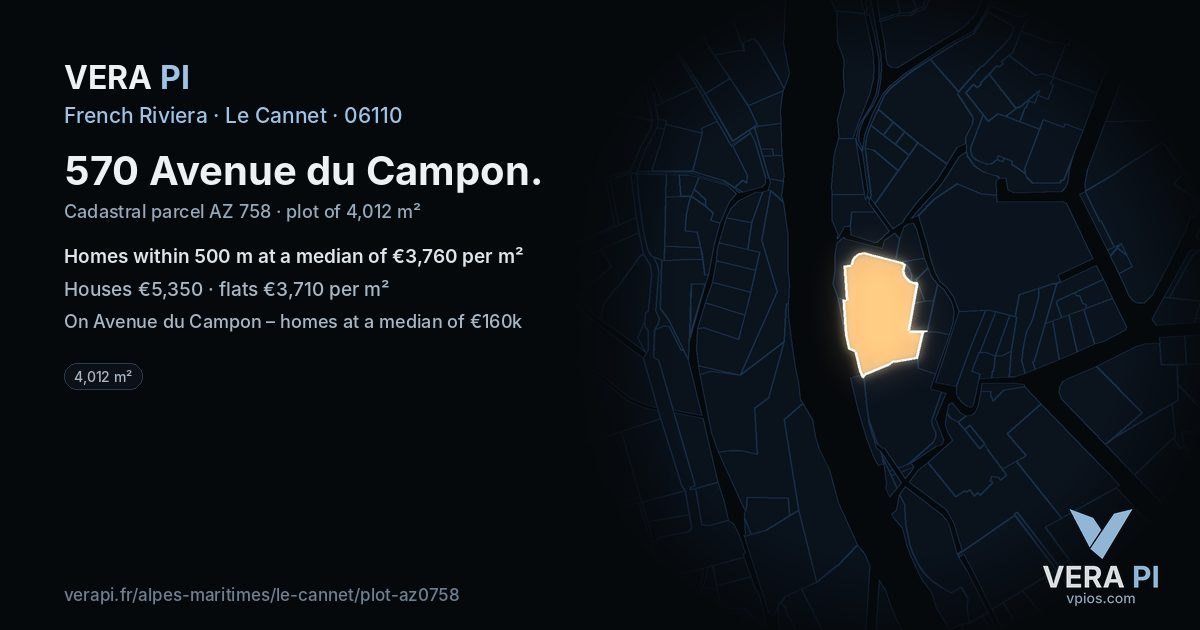 570 Avenue du Campon, Le Cannet at night – the plot lit, the parcels around coloured by the prices near them