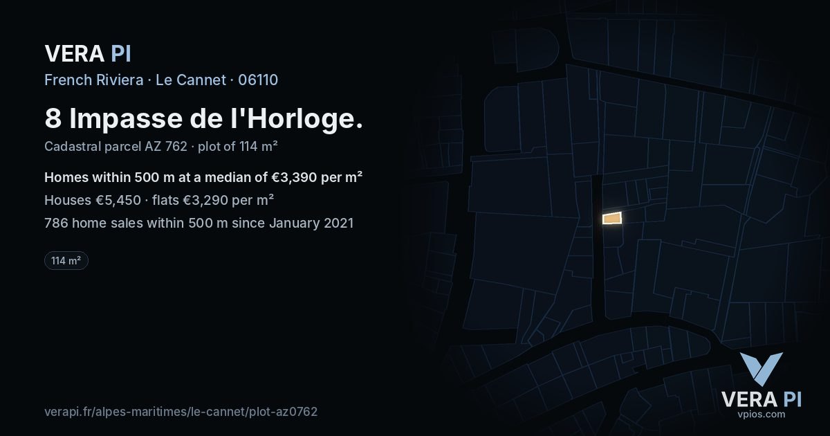 8 Impasse de l'Horloge, Le Cannet at night – the plot lit, the parcels around coloured by the prices near them