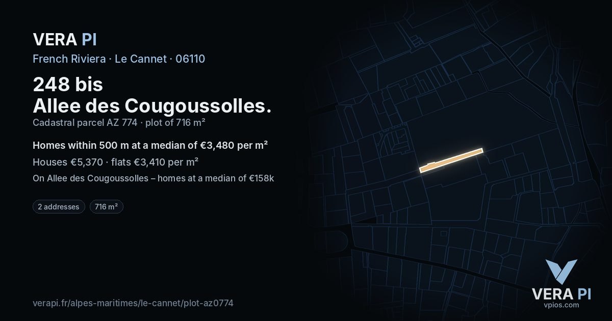 248 bis Allee des Cougoussolles, Le Cannet at night – the plot lit, the parcels around coloured by the prices near them