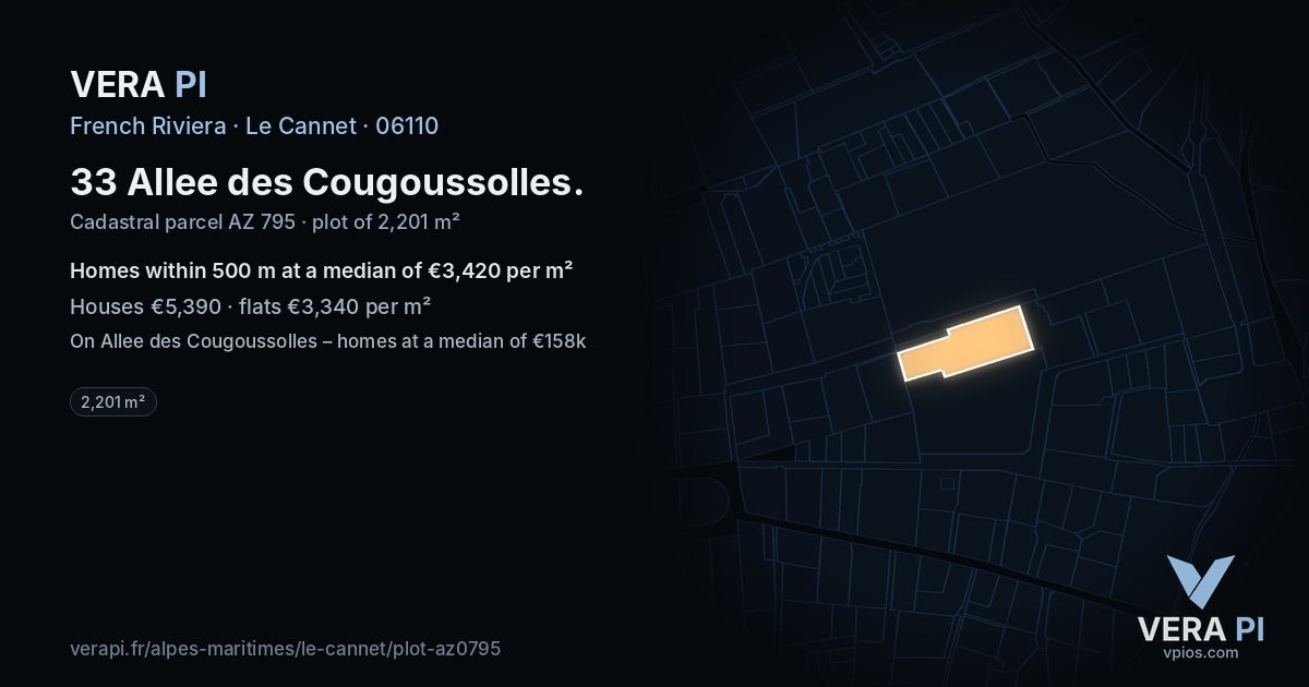 33 Allee des Cougoussolles, Le Cannet at night – the plot lit, the parcels around coloured by the prices near them