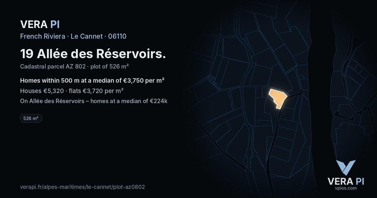 19 Allée des Réservoirs, Le Cannet at night – the plot lit, the parcels around coloured by the prices near them