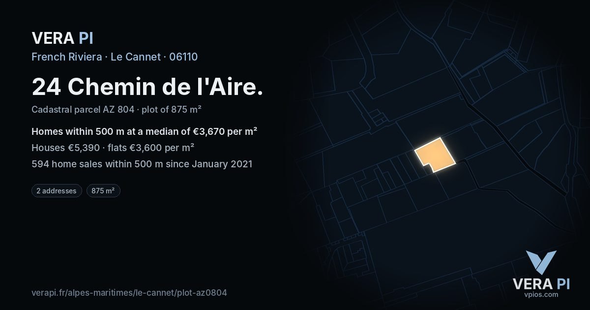 24 Chemin de l'Aire, Le Cannet at night – the plot lit, the parcels around coloured by the prices near them
