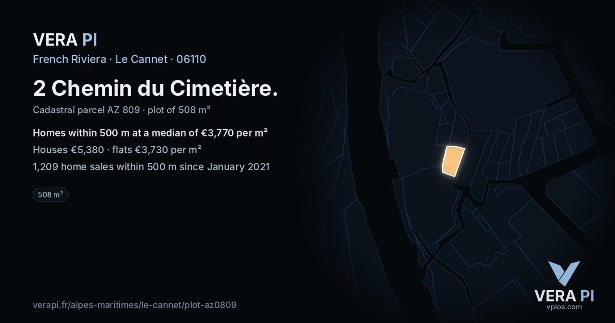 2 Chemin du Cimetière, Le Cannet at night – the plot lit, the parcels around coloured by the prices near them