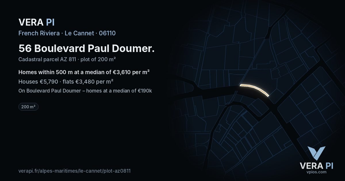 56 Boulevard Paul Doumer, Le Cannet at night – the plot lit, the parcels around coloured by the prices near them