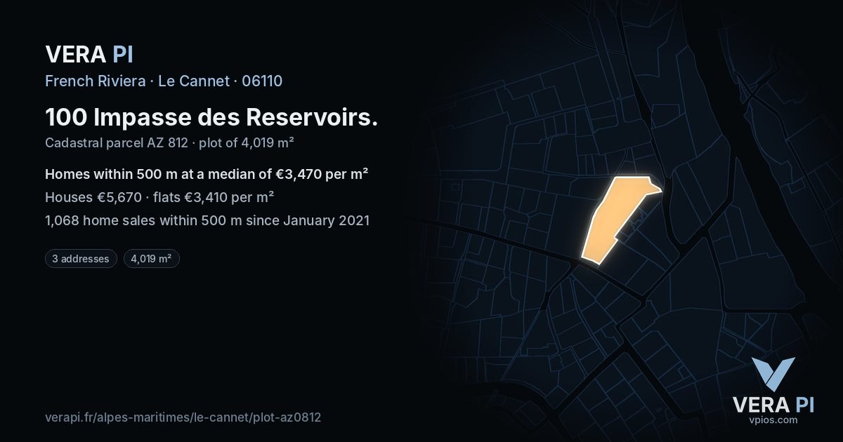 100 Impasse des Reservoirs, Le Cannet at night – the plot lit, the parcels around coloured by the prices near them