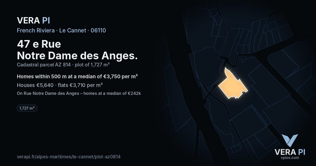 47 e Rue Notre Dame des Anges, Le Cannet at night – the plot lit, the parcels around coloured by the prices near them