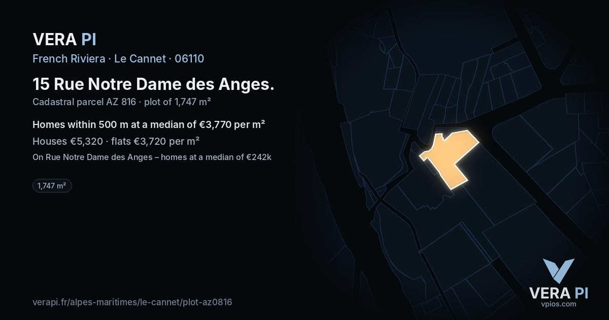 15 Rue Notre Dame des Anges, Le Cannet at night – the plot lit, the parcels around coloured by the prices near them