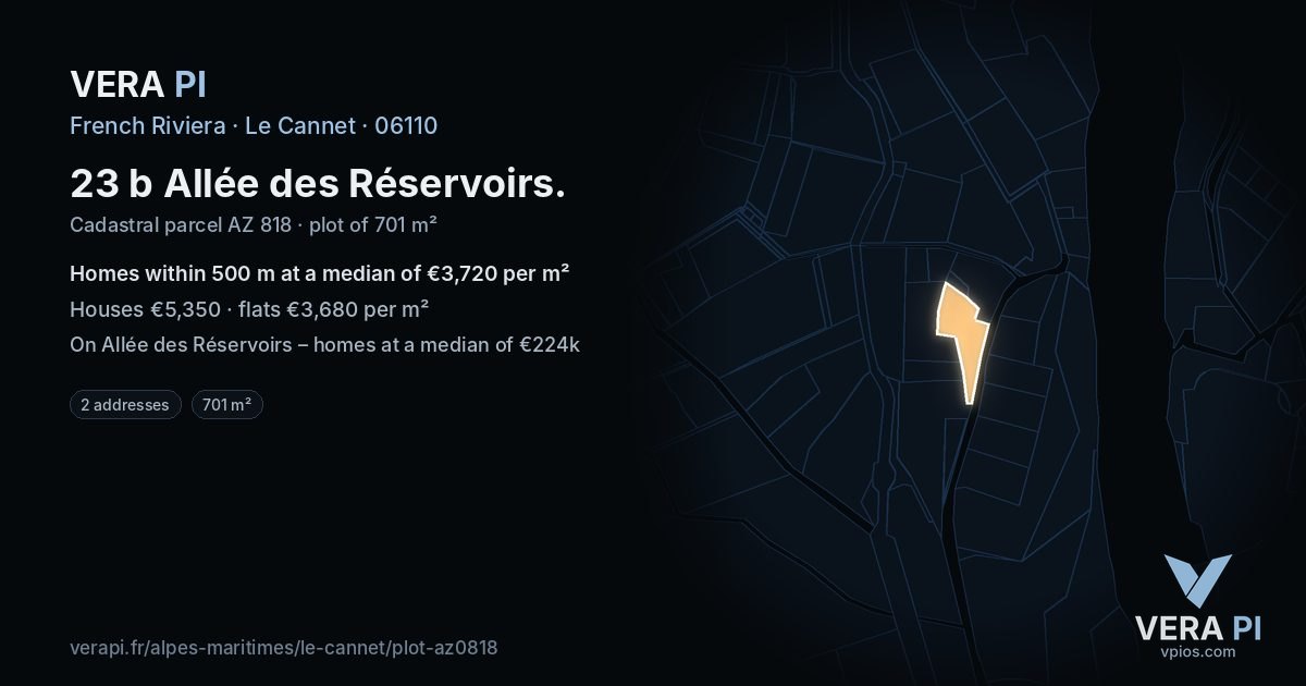 23 b Allée des Réservoirs, Le Cannet at night – the plot lit, the parcels around coloured by the prices near them