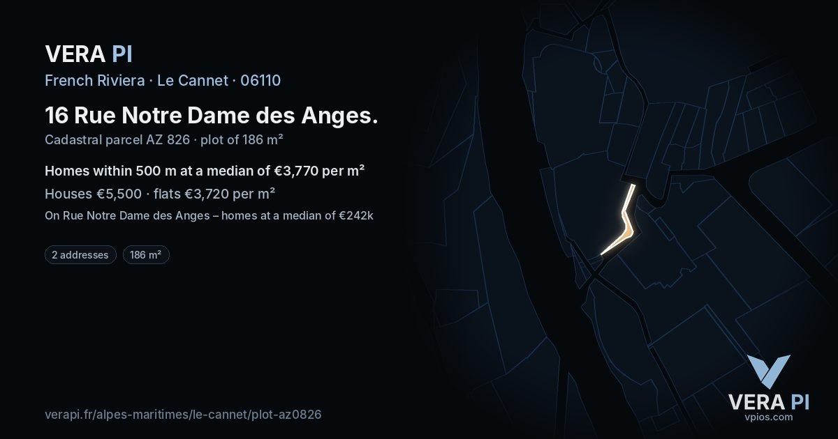 16 Rue Notre Dame des Anges, Le Cannet at night – the plot lit, the parcels around coloured by the prices near them