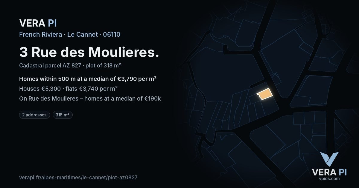 3 Rue des Moulieres, Le Cannet at night – the plot lit, the parcels around coloured by the prices near them
