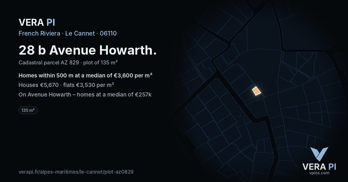 28 b Avenue Howarth, Le Cannet at night – the plot lit, the parcels around coloured by the prices near them