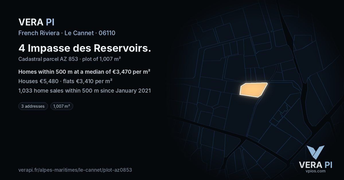 4 Impasse des Reservoirs, Le Cannet at night – the plot lit, the parcels around coloured by the prices near them