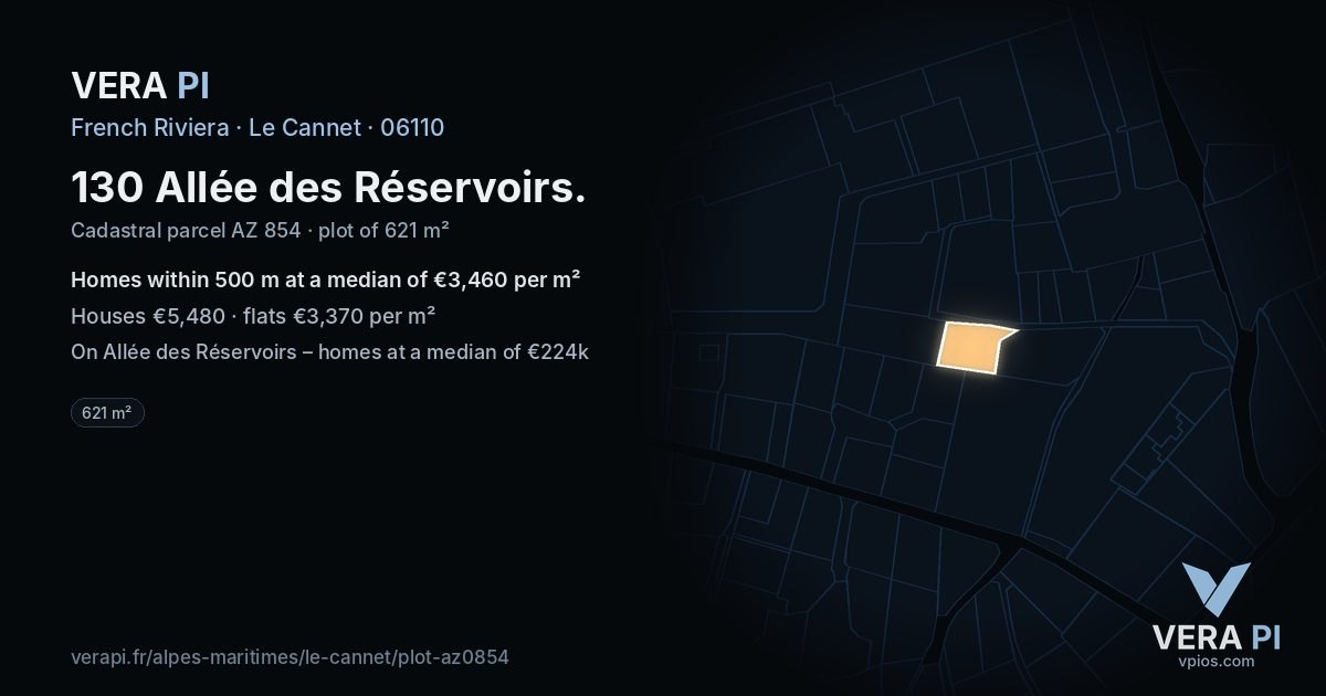 130 Allée des Réservoirs, Le Cannet at night – the plot lit, the parcels around coloured by the prices near them