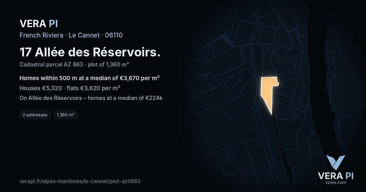 17 Allée des Réservoirs, Le Cannet at night – the plot lit, the parcels around coloured by the prices near them