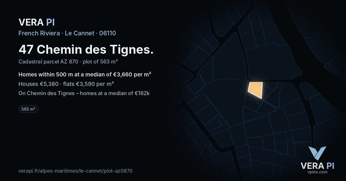 47 Chemin des Tignes, Le Cannet at night – the plot lit, the parcels around coloured by the prices near them