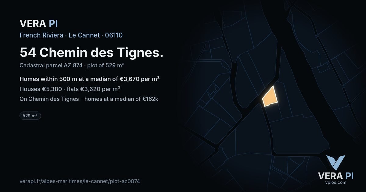 54 Chemin des Tignes, Le Cannet at night – the plot lit, the parcels around coloured by the prices near them